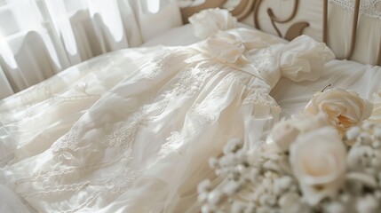 A christening gown laid out on a bed or table, awaiting the ceremony.