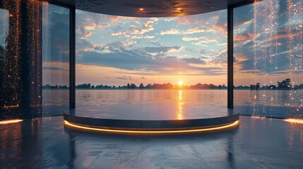 Luxurious Diamond Dust Podium on Tranquil Waterfront Veranda for Elite Home Theaters - obrazy, fototapety, plakaty