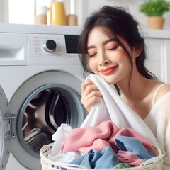 Happy Asian lady smelling clean linen with washing machine in bright room - obrazy, fototapety, plakaty
