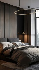 Modern bedroom interior with designer lighting