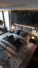 Modern bedroom interior with city view