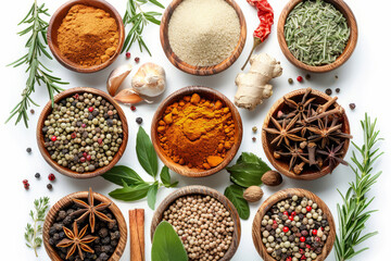 A variety of spices are displayed in wooden bowls on a white background. The spices include cinnamon, cumin, and pepper. herbs and spices, white background