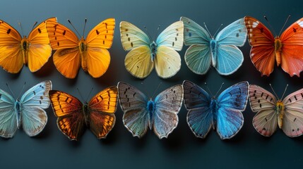 Collection of various butterflies on dark background - obrazy, fototapety, plakaty