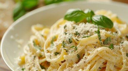 Close-up of fettuccine pasta with parmesan and basil