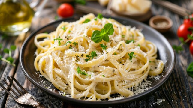 Plate of Italian fettuccine alfredo with parmesan and herbs