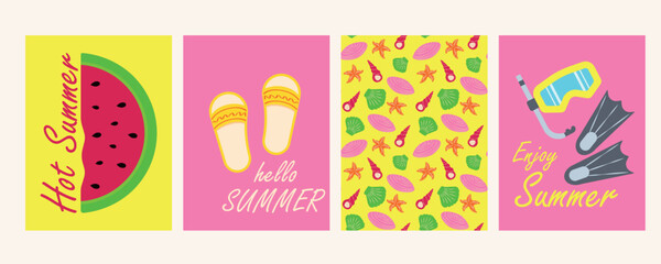 Summer. Watermelon, beach flip-flops, masks and fins, shells and the sea. Set of vector posters