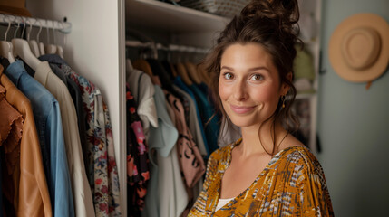 Woman with a playful smile standing by her open wardrobe