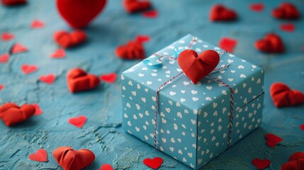 Gift box with heart decorations on a blue background