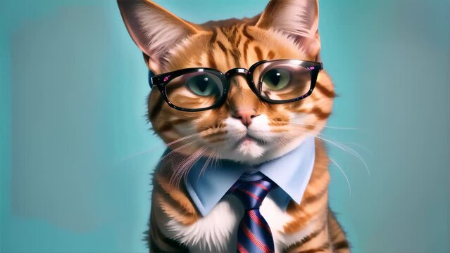 An artistically rendered image of a cat wearing glasses and a business tie, giving off a scholarly and intellectual vibe.