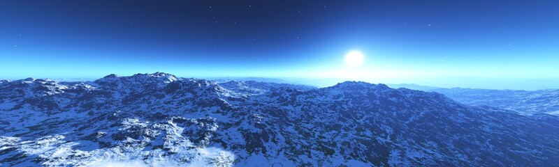panorama of snowy mountains at sunset in the morning, 3D rendering