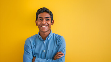 Smiling young Indian male in a blue shirt on a yellow backdrop - obrazy, fototapety, plakaty