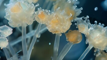 Each sporangium holds the potential for thousands of microscopic spores able to travel long distances and germinate into new fungi . AI generation.