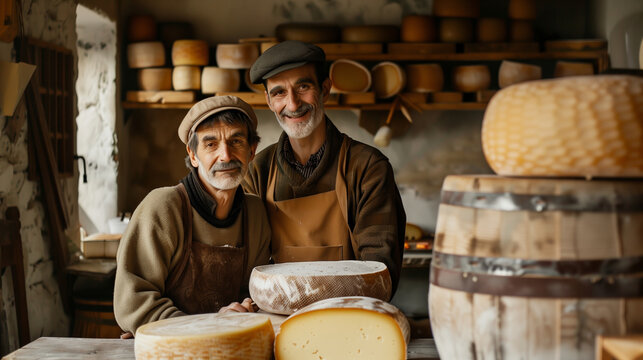 Master and apprentice cheesemakers smiling in a cheese aging room