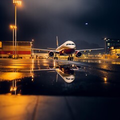 ai creates generative images,airplane picture Parked on the airport, rain falling, water reflection