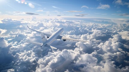 Fototapeta na wymiar Airplane flying above the clouds