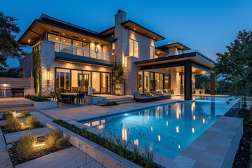 Nighttime Elegance: Luxurious Modern Home with Poolside Lighting