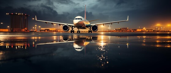 ai creates generative images,airplane picture Parked on the airport, rain falling, water reflection