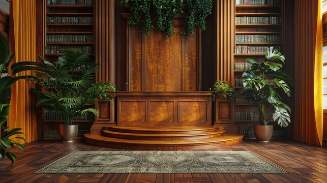 Elegant Warm Honey Oak Podium in Sunlit Tropical Room Setting for Rare Book Displays