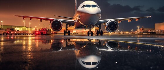 ai creates generative images,airplane picture Parked on the airport, rain falling, water reflection - obrazy, fototapety, plakaty
