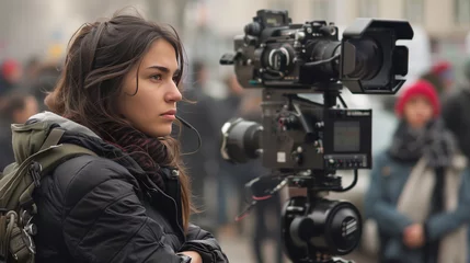 Fototapeten Focused female filmmaker operating a professional camera outdoors © Elena