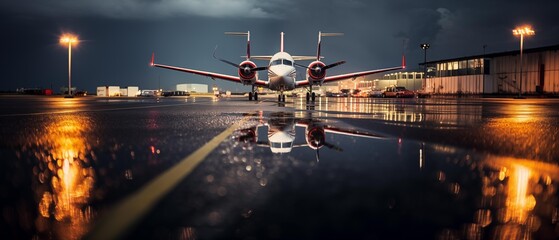 ai creates generative images,airplane picture Parked on the airport, rain falling, water reflection