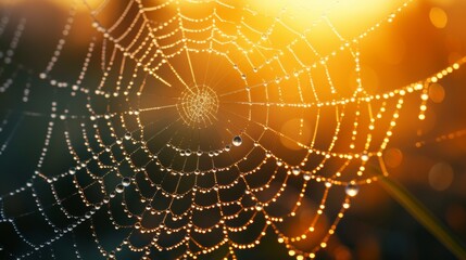 Sun-kissed spiderweb with morning dew, showcasing the complexity and beauty of natural architecture.