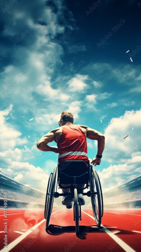 Poster a man in a wheelchair is running on a track