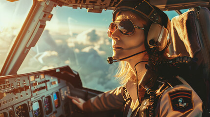 Focused female pilot in cockpit against cloudy skies