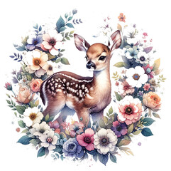 fawn on the floral frame on transparent background