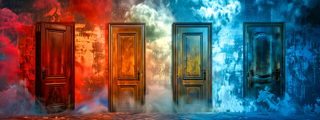 Abstract conceptual doors in multicolored smoke - obrazy, fototapety, plakaty