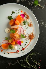 Gourmet salmon fillets paired with pureed sauce and fresh vegetables, garnished with spices on a pristine white plate.