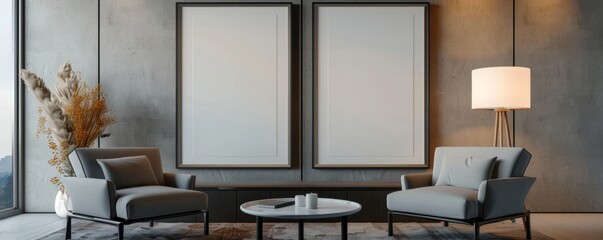Fototapeta premium Modern living room interior with blank frames