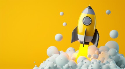 Rocket in 3d render cartoon gray and yellow for design composition,design, copy space