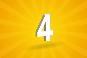 3D 4 number font alphabet. White 3D Number 4 with yellow background