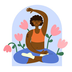 Obraz na płótnie Canvas Dark skin woman doing yoga exercises. International yoga day. National yoga day flyer, poster