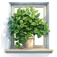 A potted plant on a windowsill isolated on white background, simple style, png
