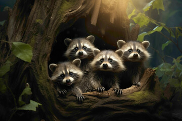 A mischievous group of chubby raccoon kits playing near a hollow tree, their tiny paws and masked...