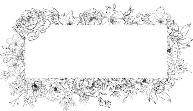 Hand drawn floral Peony and springtime florals Frames. Sketch flower, leaves and branches.