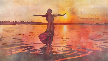 Sunset Serenade A Naked Woman Poses in the Sunset Generative AI