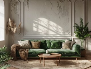 Home interior mock-up with green sofa, table and decor