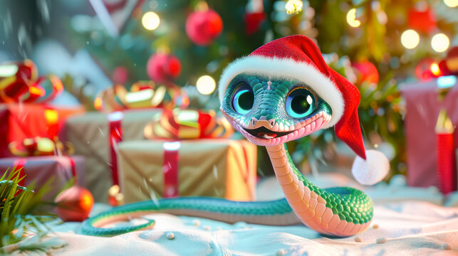 A cute smiling cartoon mint snake with expressive eyes wearing Santa's hat sits next to Christmas gift boxes. Symbol of the 2025 New year funny snake illustration for calendar, greeting card design