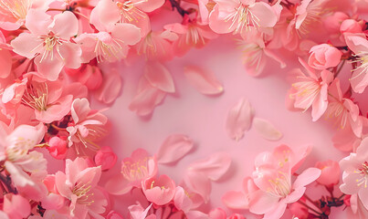 Fototapeta na wymiar Background of pink flowers with empty space for text or greeting card design, Generative AI