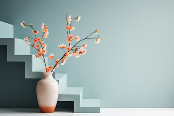 Vase with flowers near the blue stairs. Minimalism in the interior. Generated by artificial...