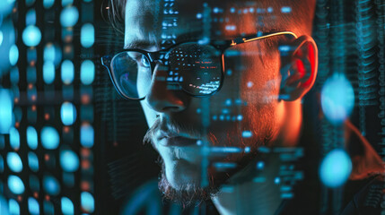 data analyst Double exposure. Data scientist. Man programmer analyzing information on futuristic virtual interface screen. Algorithm, cyber safety, hacker, web security, statistics, business analytics