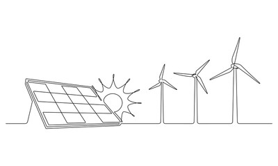 Wind farm turbine, solar panel with sun continuous one line icon drawing. Renewable source energy concept vector illustration in linear style. Contour line sign for innovation, environment design