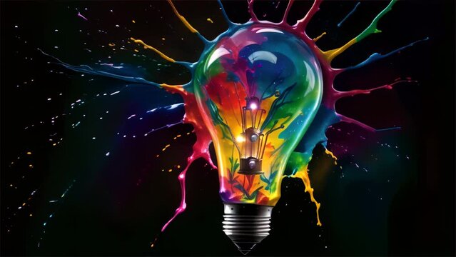 Vibrant splashes of color emanate from a light bulb, symbolizing explosive creativity and innovative thinking in a dark background.