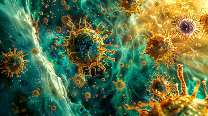 Viral invasion: microscopic pathogens in action - obrazy, fototapety, plakaty