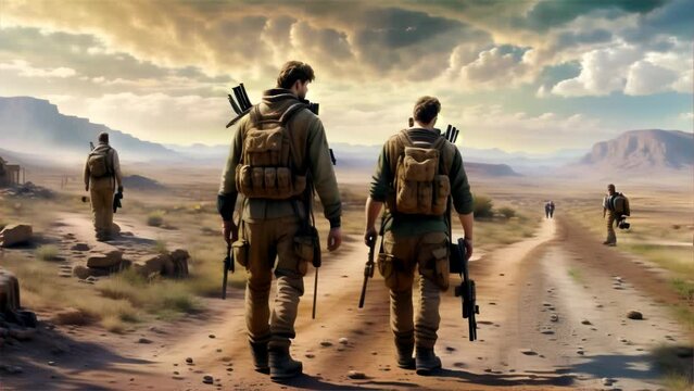 Three soldiers trek along a dusty road in a barren landscape, heading towards an uncertain future under a vast sky.