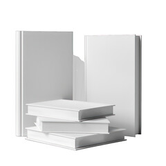 Set of white book cover mockups, front and side view perspectives, template designs, isolated on a transparent background. PNG, cutout, or clipping path.