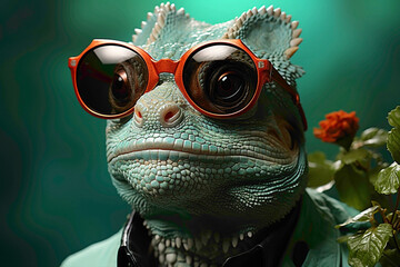 A mint-green chameleon wearing sunglasses, blending into its surroundings on a mint background.